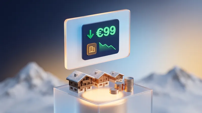 UI de tarification dégressive par logement et chalets miniatures avec piles d'euros.