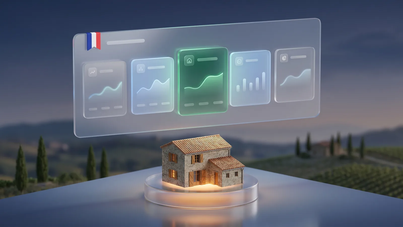 Cinq tableaux de bord alternatifs alignés, l'option recommandée mise en avant, avec un gîte miniature au centre.
