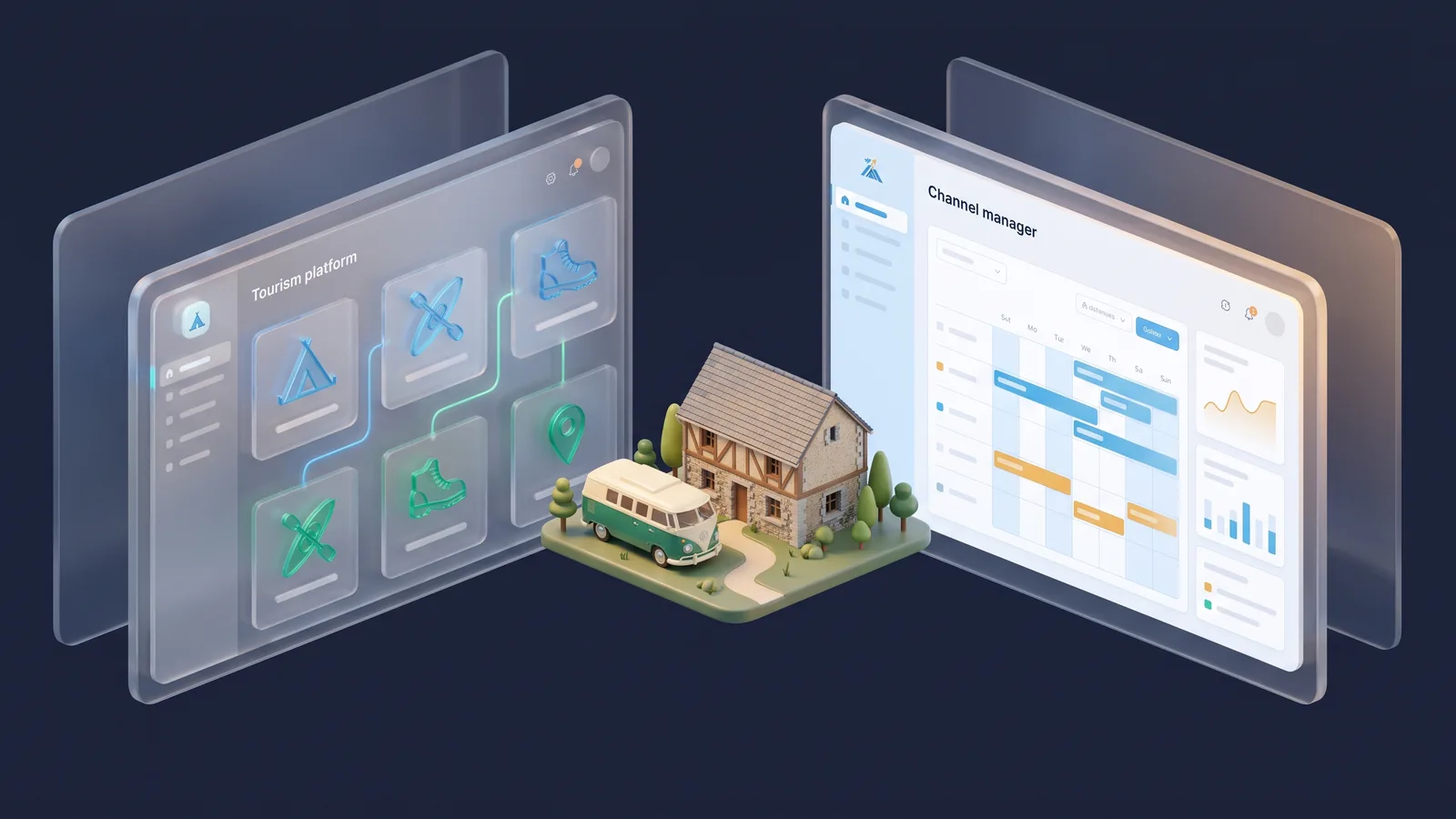 Deux tableaux de bord flottants comparant une plateforme tourisme multi-segments et un channel manager STR, gîte et camping miniatures