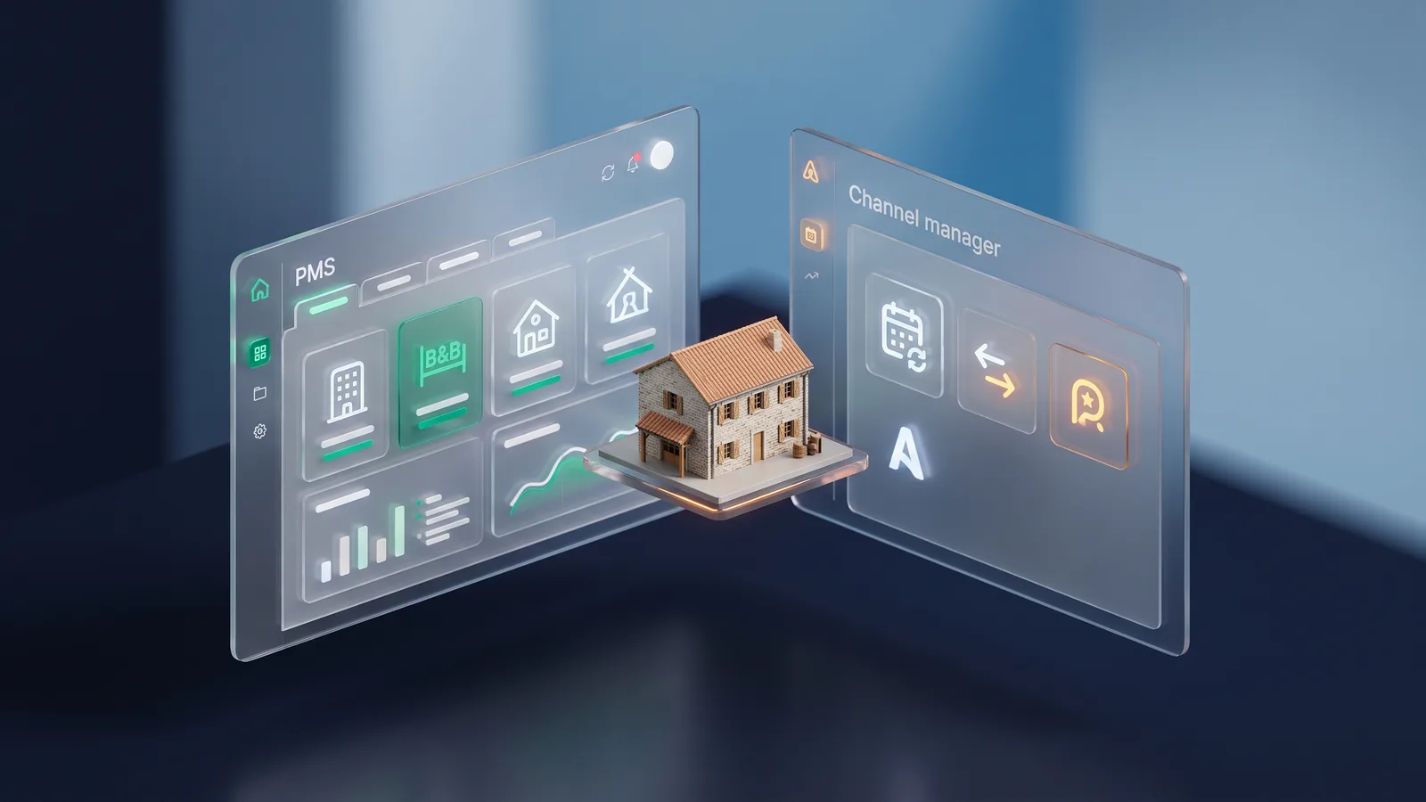 Deux tableaux de bord flottants comparant un PMS multi-segment et un channel manager, chambre d'hôte française miniature
