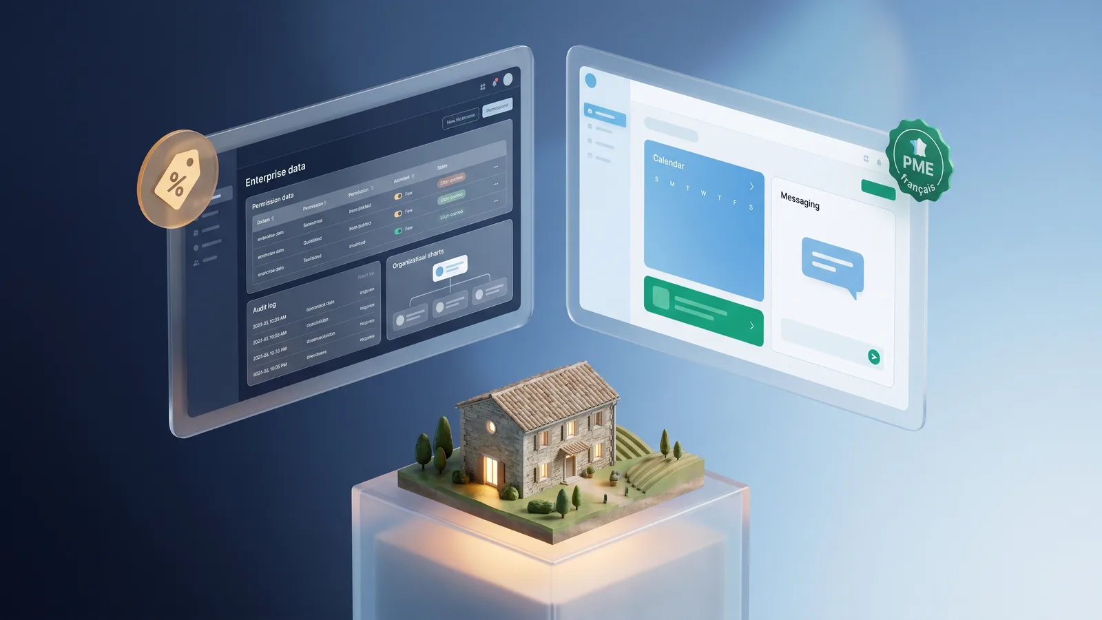 Comparaison de tableaux de bord Guesty (entreprise, complexe) et Chanlify (épuré, PME) avec un gîte miniature au centre.