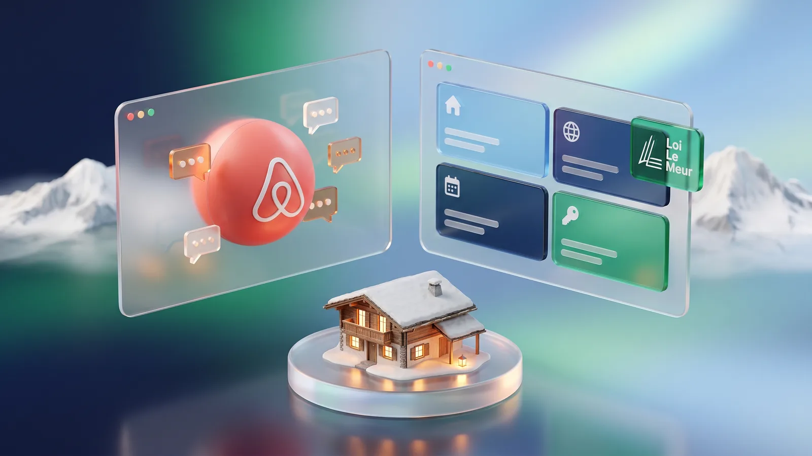 Comparaison de tableaux de bord Hospitable (Airbnb-centré) et Chanlify (multi-canal) avec un chalet alpin miniature au centre.