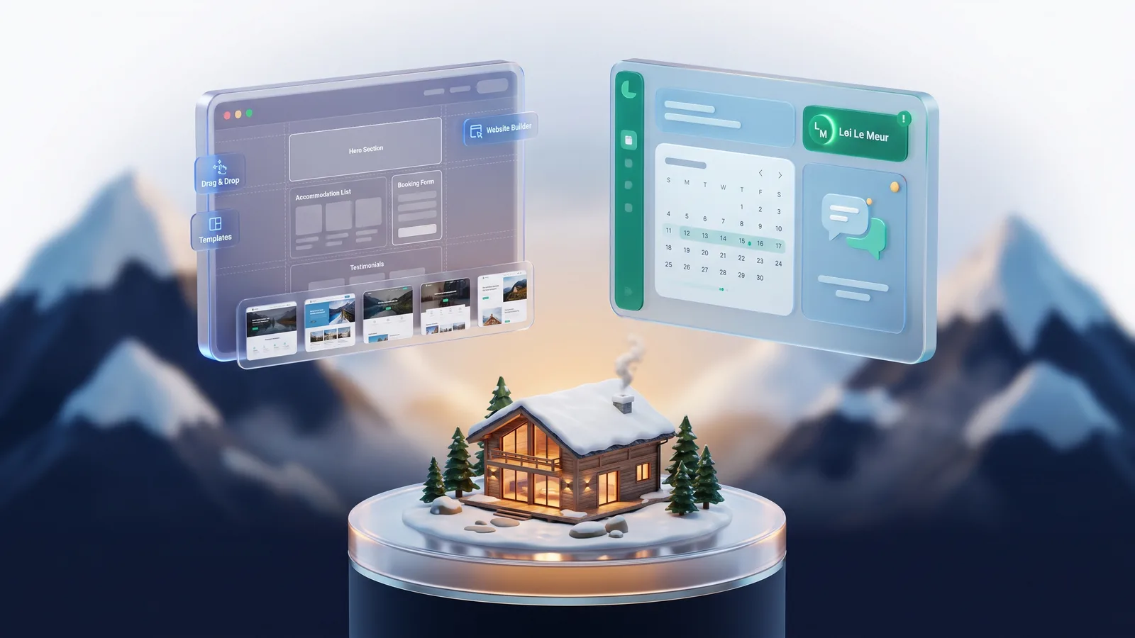 Chanlify vs Lodgify : interfaces (constructeur de site, gestion locative) et chalet alpin stylisé.