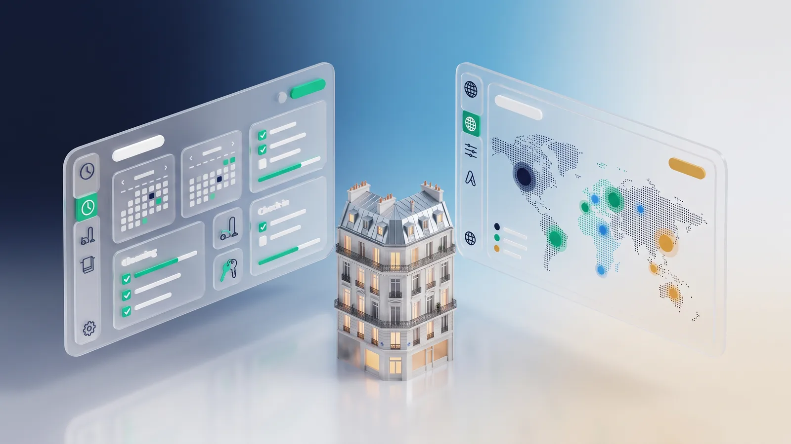 Deux tableaux de bord flottants comparant un outil opérationnel iCal et un channel manager API, appartement français miniature