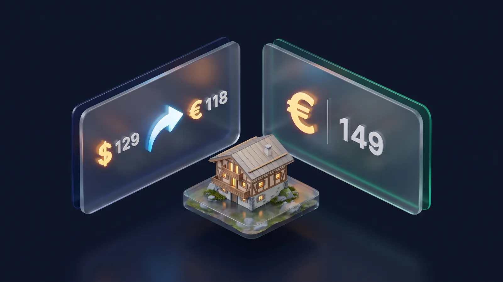 Deux panneaux flottants comparant un prix USD converti en euros et un prix fixe en euros, chalet français miniature