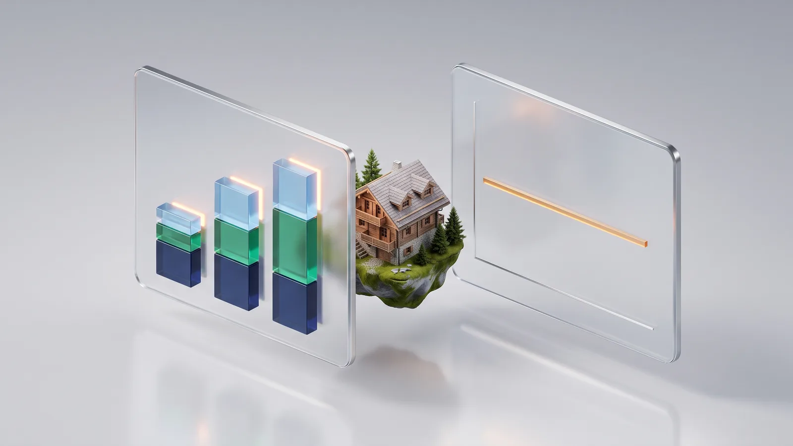 Deux panneaux flottants comparant un coût cumulé sur 3 ans en croissance et un forfait fixe plat, chalet français miniature