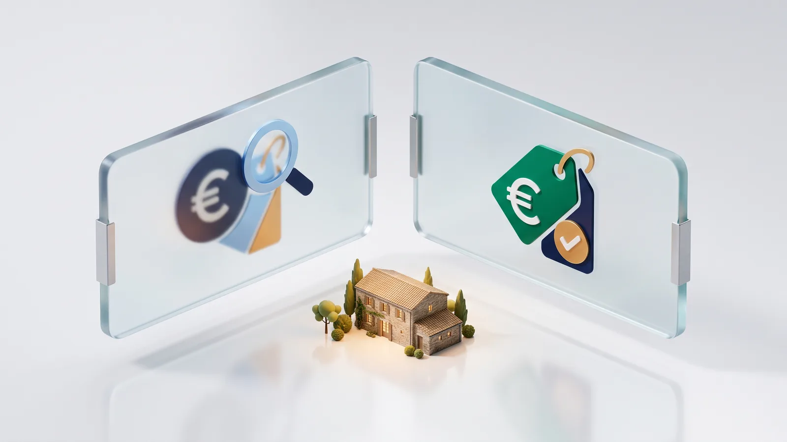 Deux panneaux flottants comparant un tarif sur mesure flou et un tarif public visible, gîte français miniature