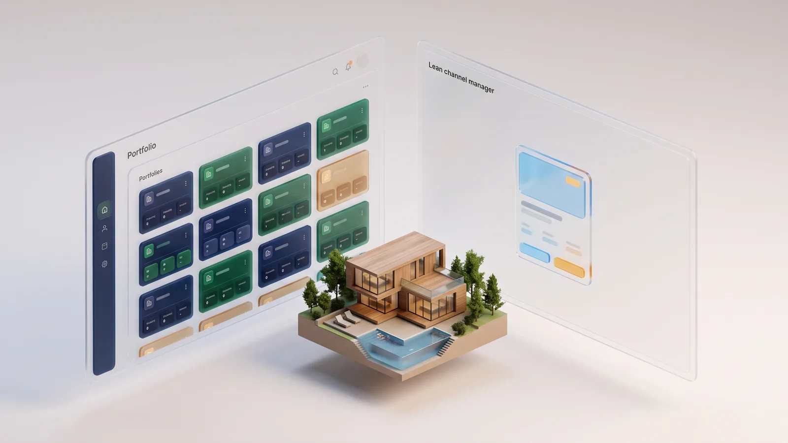 Deux tableaux de bord flottants comparant un PMS professionnel agence et un channel manager propriétaire, villa miniature