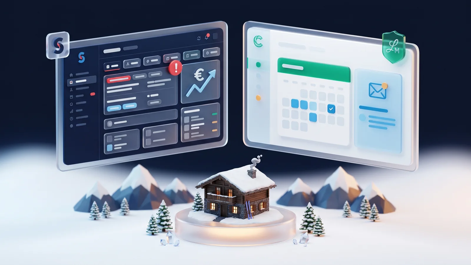 Deux interfaces vitrées flottantes opposent Smoobu (clair) et Chanlify (chargé), surplombant un chalet alpin enneigé.